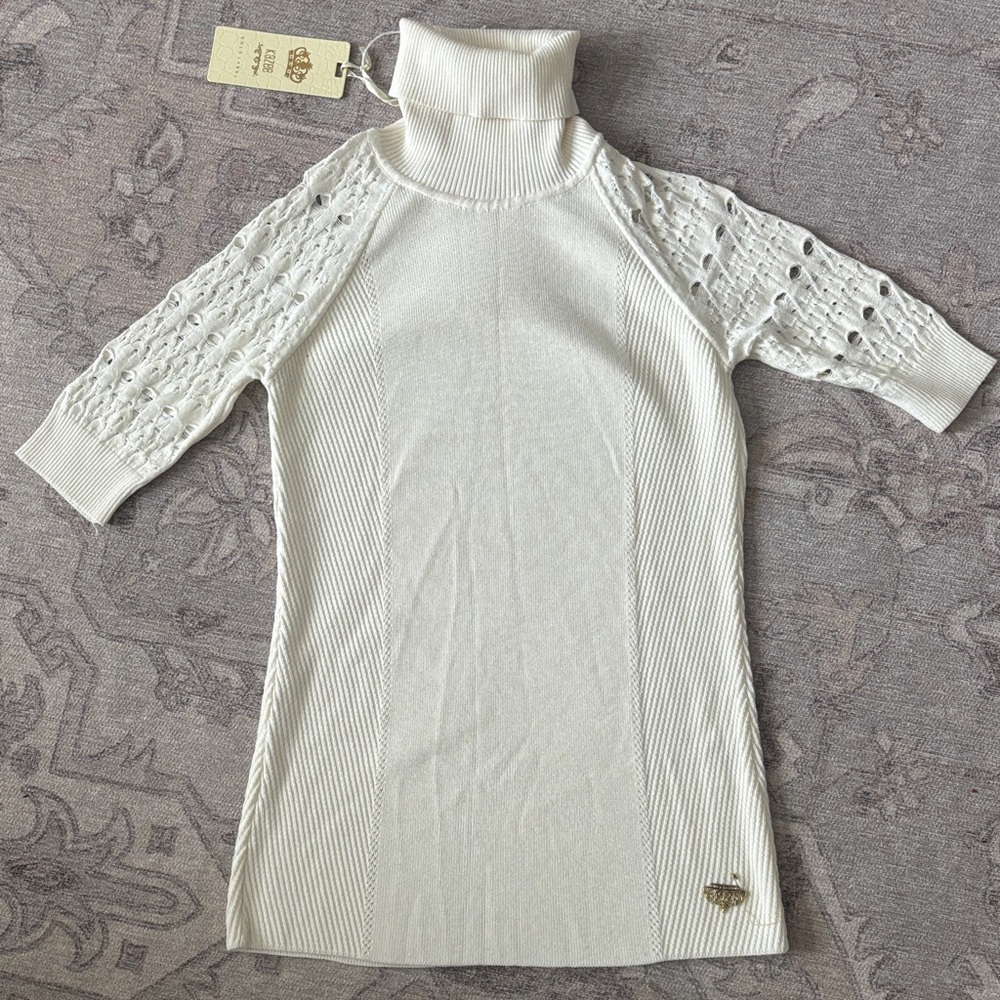 Ivory Turtleneck Knit Top with Eyelet Sleeves